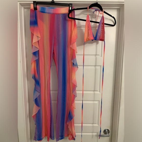 NIB Striped Pink Blue Sexy Halter Mesh Sheer Bikini 2 Piece Pants Outfit Large - Picture 6 of 11